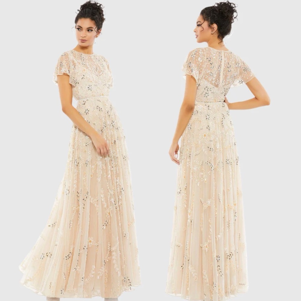 Mac Duggal Floral Embellished High Neck Gown Sz 10 Beige Sequin Beaded Fit Flare